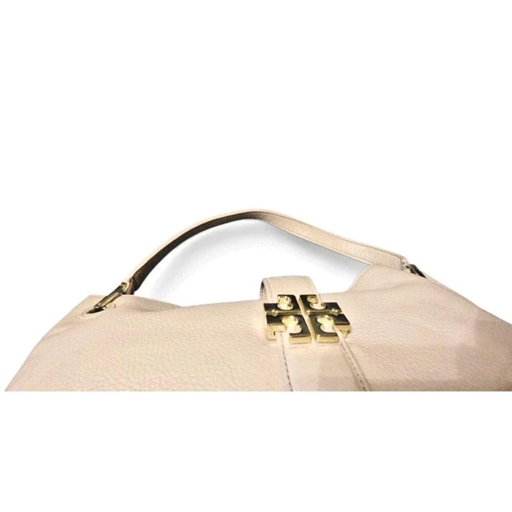 TORY BURCH Plaque Hobo Bag Blush Pebbled Leather Shoulder Purse Beige